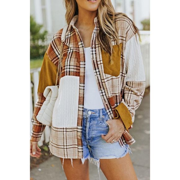 Azura Exchange  Orange Plaid Color Block Patchwork Shirt Jacket with Pocket - Picture 8 of 15